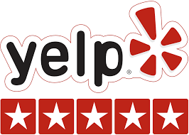 A red and white yelp logo with five stars.